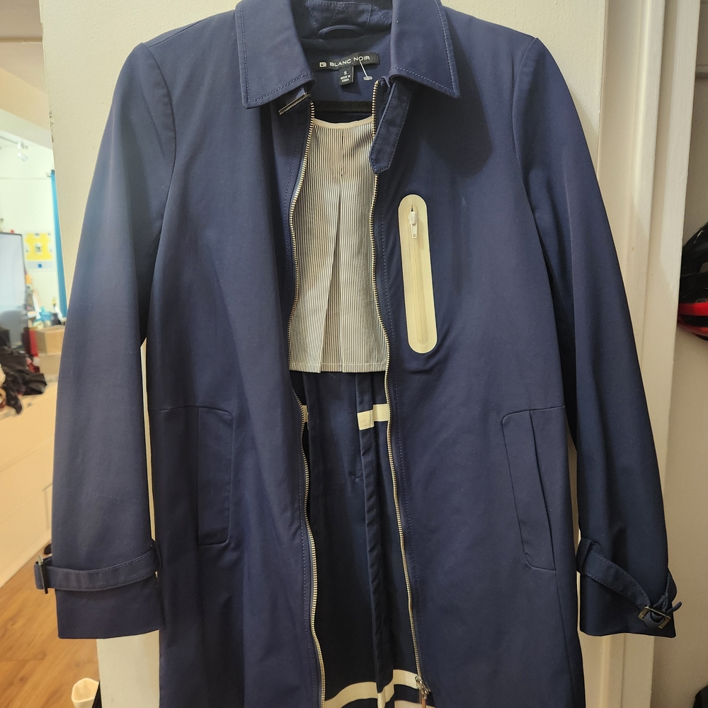 Blanc Noir Travel Engineer All Weather Navy Blue Midi Trench Coat size S